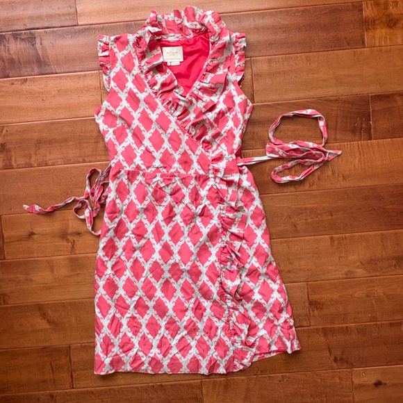 Kate Spade NY Andrey 100% Silk Wrap dress Size 2 Ruffle A-Line coral-Red/cram - Picture 4 of 15